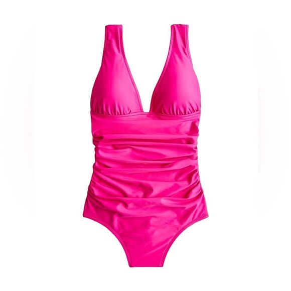 J Crew Radiant Fuchsia Ruched V-neckline One Piece Swimsuit Sz 14 NWT - Picture 15 of 16